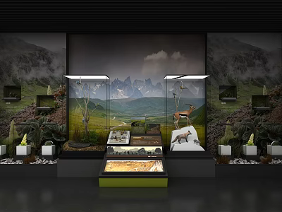 Cultural Center Natural History Exhibition with Animal Specimens Plant Models Display Cases and Mountain Backdrop 3d model