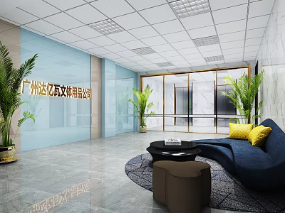 Modern Office Reception Area With Glass Door Blue Sofa Yellow Cushions And Green Plants 3d model