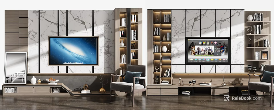 Elegant Modern TV Stand Interior Design With Marble Wall Storage Shelves And Decorative Accents 3d model 