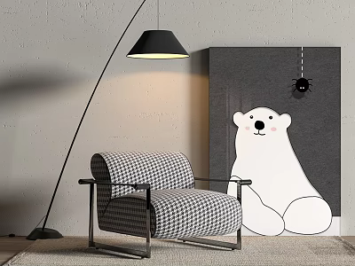 Checkered Single Armchair With Floor Lamp And Polar Bear Painting In Gray Wall Interior 3d model