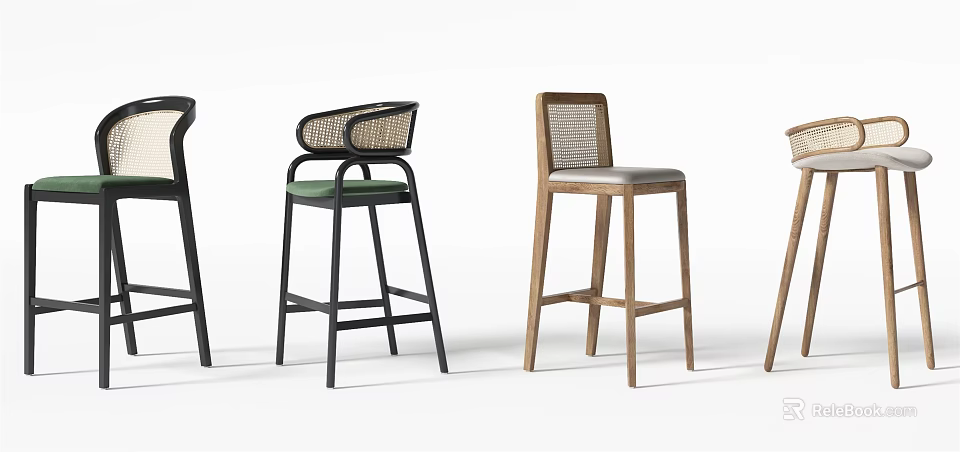 Modern Bar Stools With Various Designs Wooden Metal Frames And Woven Backrests Green Gray Seats 3d model 