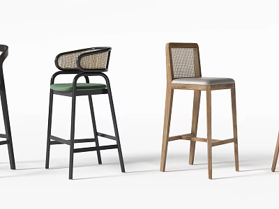 Modern Bar Stools With Various Designs Wooden Metal Frames And Woven Backrests Green Gray Seats 3d model