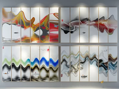 Modern Abstract Wall Art With Colorful Wave Patterns And Boat Elements For Home Decor 3d model