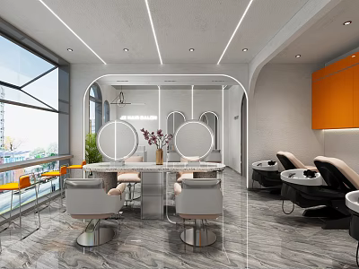 Modern Hair Salon Interior With Mirrors Salon Chairs Marble Counter And Orange Cabinets 3d model