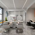 Modern Hair Salon Interior With Mirrors Salon Chairs Marble Counter And Orange Cabinets