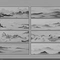 Set of Chinese Ink Landscape Paintings Featuring Misty Mountains And Clouds