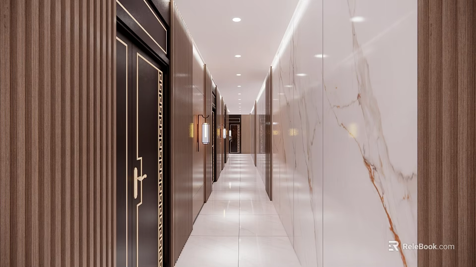 Elegant Modern Hotel Corridor Interior With Marble Walls Wooden Panels And Recessed Lighting 3d model 