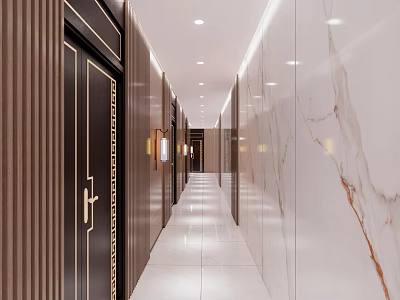 Elegant Modern Hotel Corridor Interior With Marble Walls Wooden Panels And Recessed Lighting 3d model