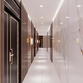 Elegant Modern Hotel Corridor Interior With Marble Walls Wooden Panels And Recessed Lighting