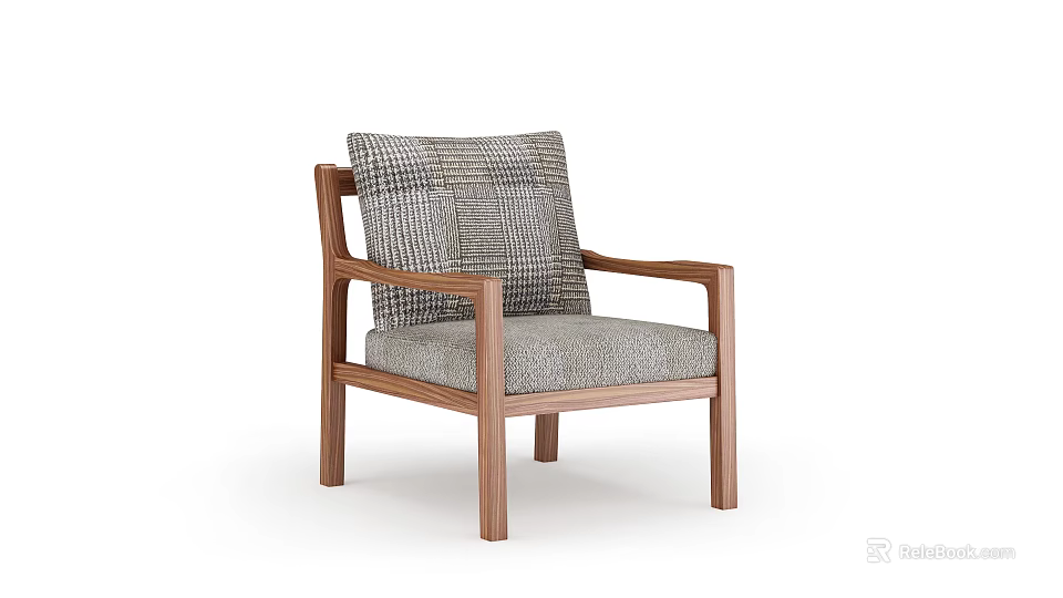 Modern Accent Chair With Wooden Walnut Frame Gray Plaid Fabric Seat And Backrest 3d model 