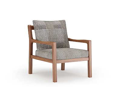 Modern Accent Chair With Wooden Walnut Frame Gray Plaid Fabric Seat And Backrest 3d model