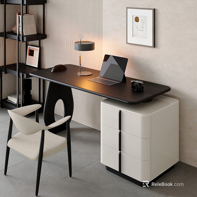 Modern Desk Interior With Laptop Camera Table Lamp Cabinet And Comfortable Chair 3d model 