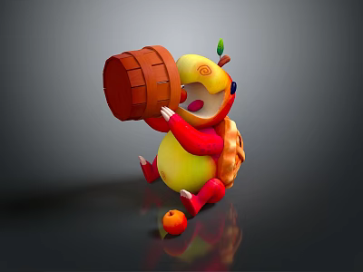 Cute Game Movie Character With Leaf On Head Holding Wooden Barrel And Small Orange Ball 3d model