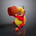 Cute Game Movie Character With Leaf On Head Holding Wooden Barrel And Small Orange Ball