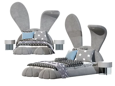 Gray Kids Bed With Rabbit Ear Shaped Headboard Star Pattern Pillows And Side Tables 3d model