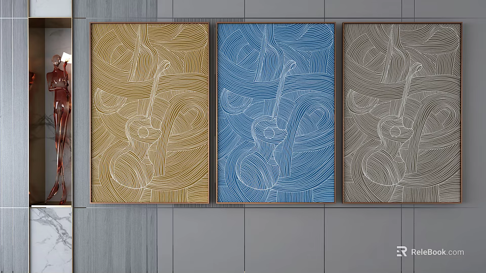 Three Abstract Wall Art Prints in Yellow Blue and Beige with Line Patterns 3d model