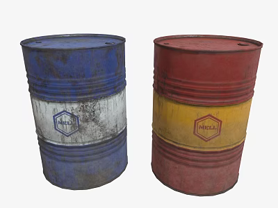 Industrial Equipment Drums With Blue Red White Yellow Stripes And Mobil Logo 3d model