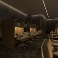 Modern Office Corridor With Long Workstations Green Plants And Linear Ceiling Lighting 3d model