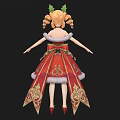Woman in Red and Gold Christmas Dress with Pigtails and Holiday Decorations on Black Background
