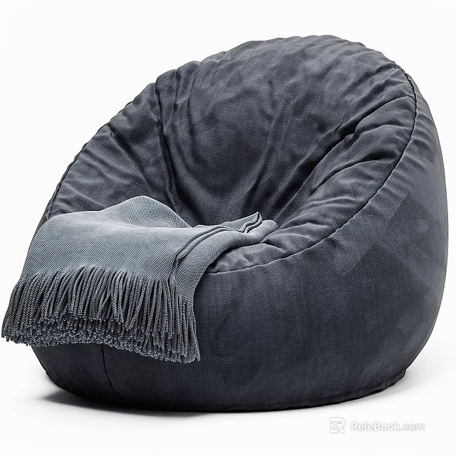 Gray Bean Bag Chair With Soft Fringed Blanket For Cozy Living Space 3d model 