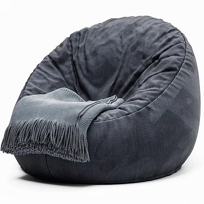 Gray Bean Bag Chair With Soft Fringed Blanket For Cozy Living Space 3d model