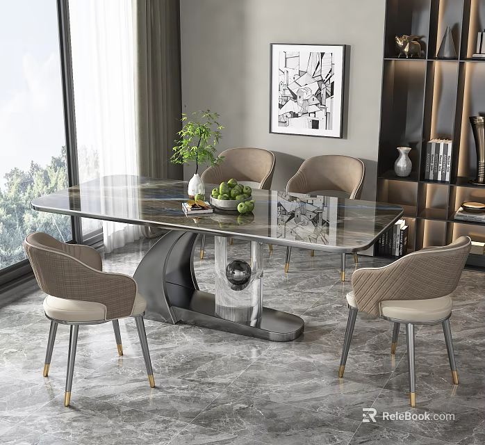 Modern Dining Table Set With Glass Top Beige Chairs And Metal Legs 3d model 