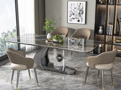 Modern Dining Table Set With Glass Top Beige Chairs And Metal Legs 3d model
