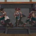 Game Film Characters In Traditional Eastern Costumes With Wide Brimmed Hats And Running Stance