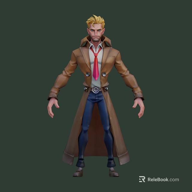 Game and Movie Character With Brown Trench Coat Red Tie White Shirt and Blue Pants 3d model 