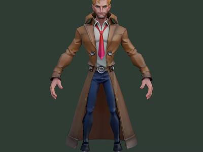 Game and Movie Character With Brown Trench Coat Red Tie White Shirt and Blue Pants 3d model