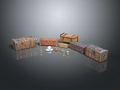 Various Vintage Wooden Trunks With Metal Accents And Decorative Objects 3d model