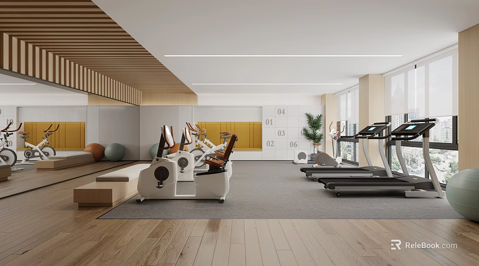 Modern Fitness Gym Interior With Exercise Bikes Treadmills Mirror Walls And Wooden Flooring 3d model 