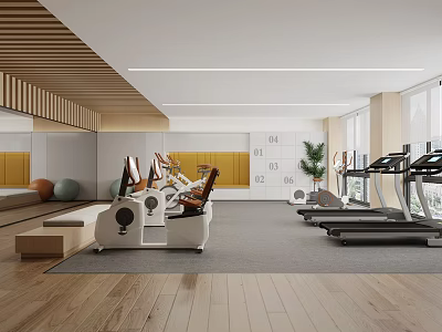 Modern Fitness Gym Interior With Exercise Bikes Treadmills Mirror Walls And Wooden Flooring 3d model