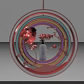 Circular Display Shelf With Colorful Neon Rings White Bottle And Red Flower Decorations