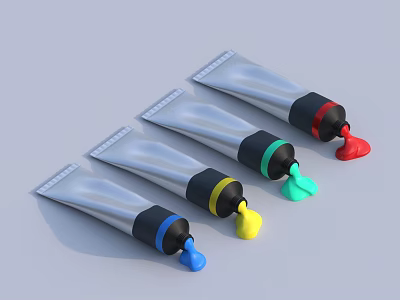 Colorful Paint Tubes With Silver Bodies And Different Colored Nozzles Four Household Supplies 3d model