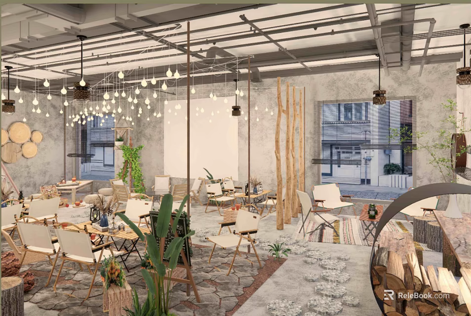 Modern Café Interior With Hanging Lights Wooden Partitions Green Plants Tables And Chairs 3d model 