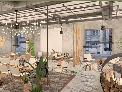 Modern Café Interior With Hanging Lights Wooden Partitions Green Plants Tables And Chairs 3d model