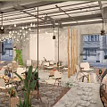 Modern Café Interior With Hanging Lights Wooden Partitions Green Plants Tables And Chairs