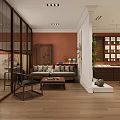 Traditional Chinese Style Display Hall Interior With Wooden Grid Shelves Central Counters And Green Plant