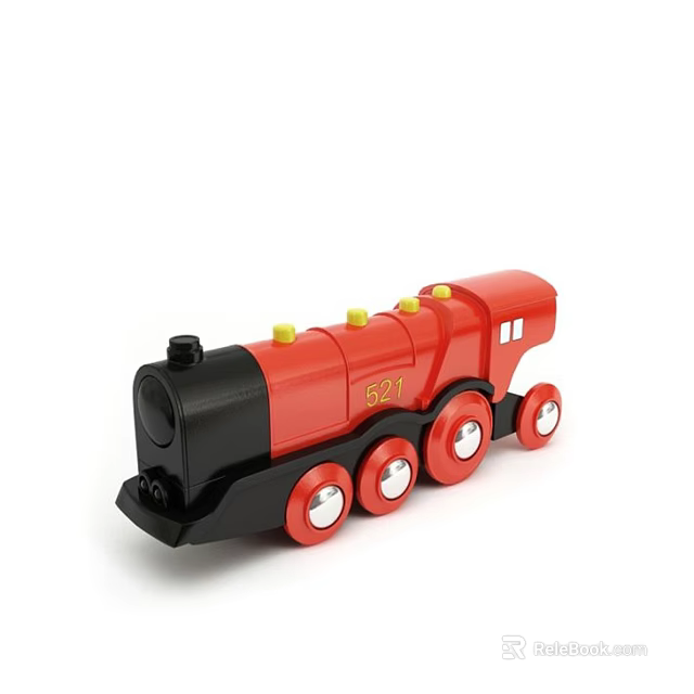 Hand Carved Wooden Toy Train Sculpture with Red Black Body Yellow Chimney Caps and Silver Wheels 3d model 