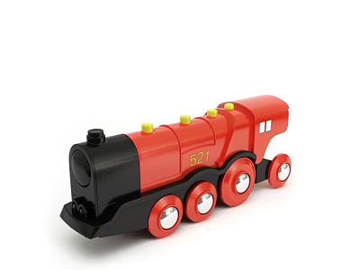 Hand Carved Wooden Toy Train Sculpture with Red Black Body Yellow Chimney Caps and Silver Wheels 3d model