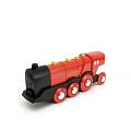 Hand Carved Wooden Toy Train Sculpture with Red Black Body Yellow Chimney Caps and Silver Wheels