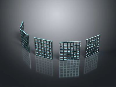Metallic Grid Panels in Curved Arrangement With Reflective Surfaces and Gray Background 3d model