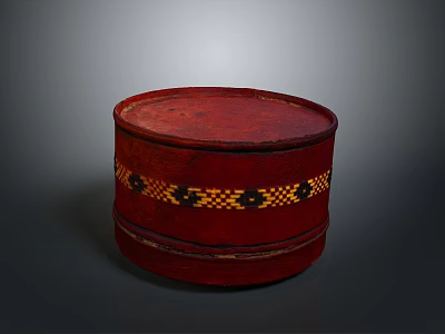 Red Round Storage Box With Yellow And Black Woven Pattern Band In Middle 3d model