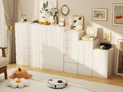 White Dresser In Bright Living Room With Sunlight And Decorative Items On Top 3d model