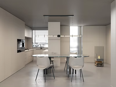 Modern Light Colored Open Kitchen With Cabinets Glass Dining Table White Chairs And Fireplace 3d model