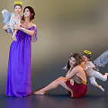 Two Women With Angels Holding And Sitting In Purple Dress Red Skirt Featuring Wings Halos