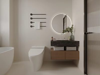 Modern Minimalist Bathroom Interior With White Bathtub Toilet Round Illuminated Mirror And Wooden Vanity 3d model