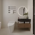 Modern Minimalist Bathroom Interior With White Bathtub Toilet Round Illuminated Mirror And Wooden Vanity