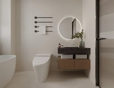 Modern Minimalist Bathroom Interior With White Bathtub Toilet Round Illuminated Mirror And Wooden Vanity 3d model